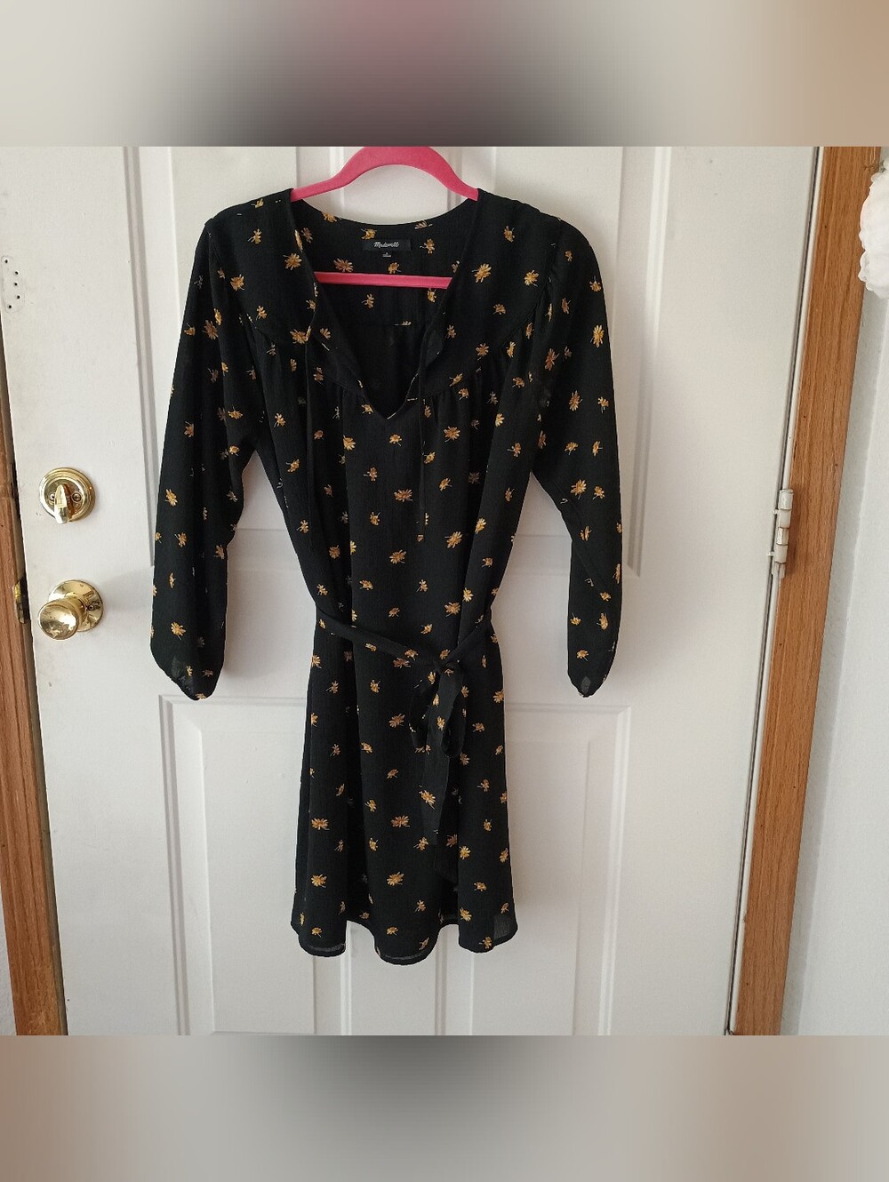 Madewell Black Floral Tie-Waist Long Sleeve Dress